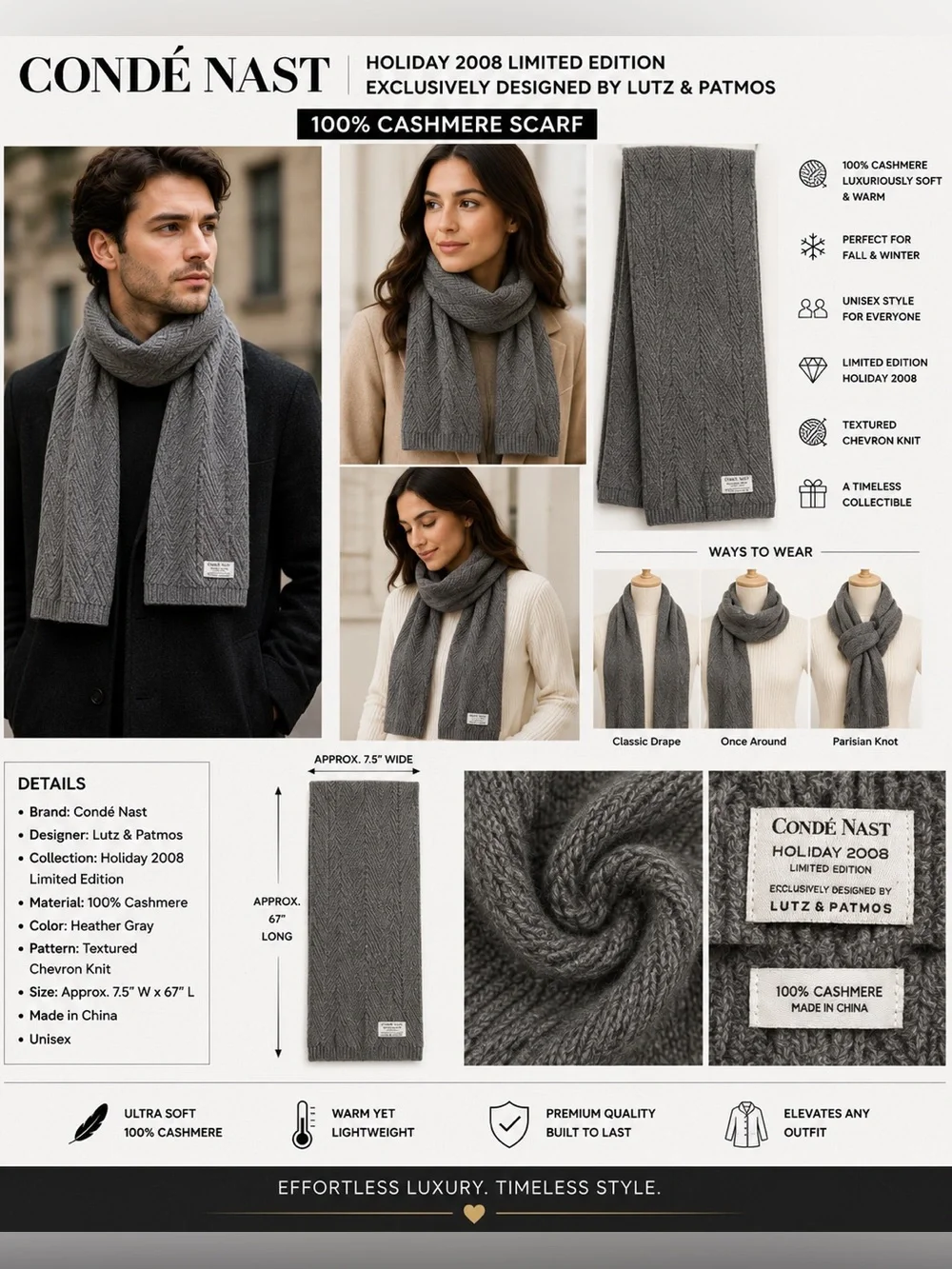 Condé Nast Lutz & Patmos Cashmere Scarf Holiday 2008 Limited Edition Gray 67